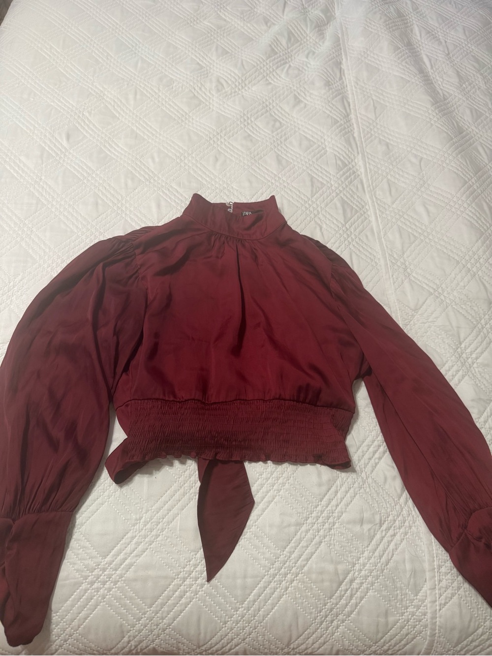 Zara Burgundy Satin Tie Front Blouse Size M